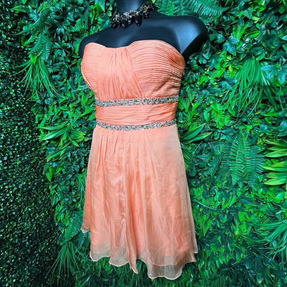 MAY QUEEN Dress 10 Peach‎ Orange Short Formal Beaded Pleated Strapless   1067